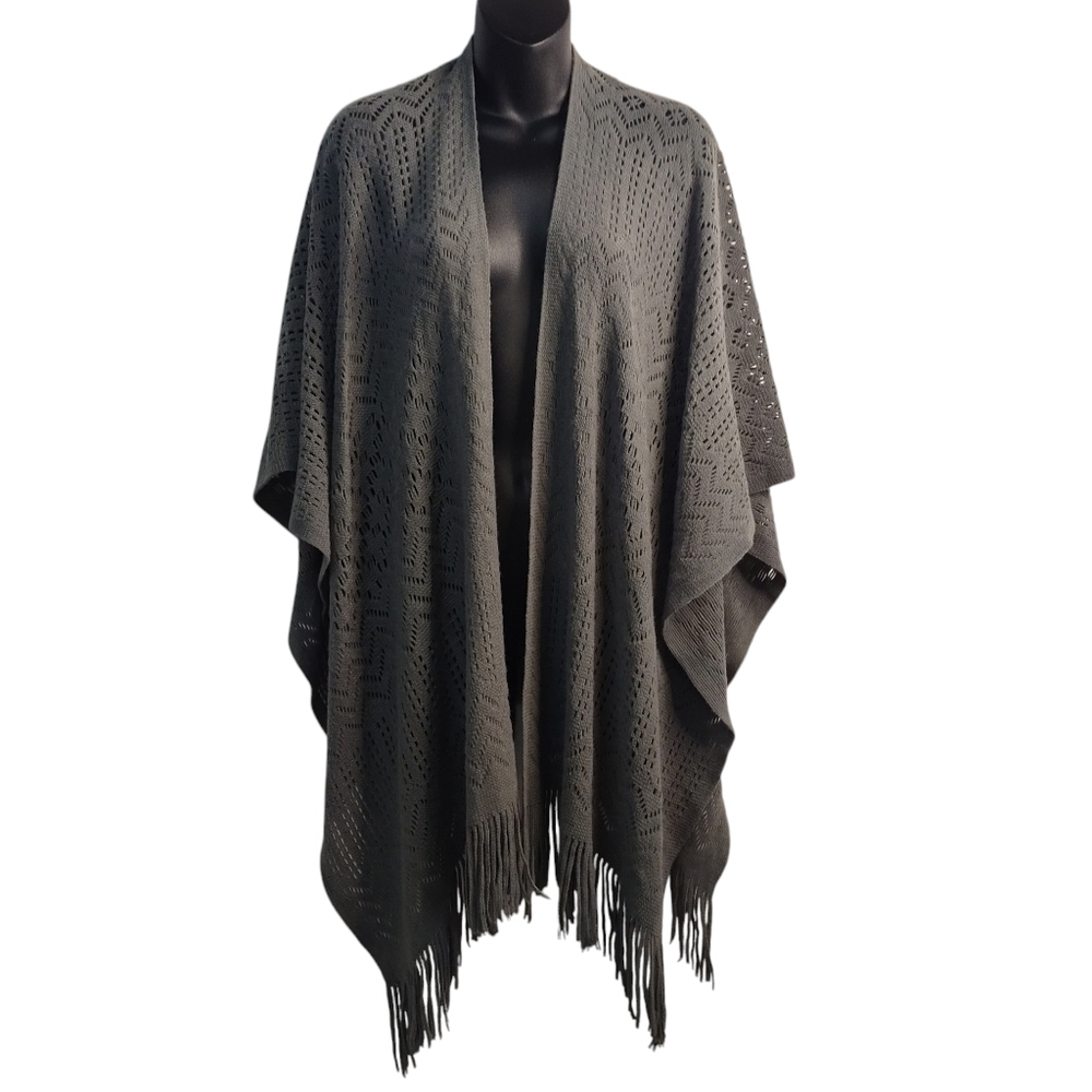 Soul Young Women's Green Fringed Knit Poncho Cardigan Cap Size One Size Fits All